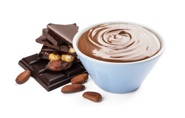 Bowl of tasty melted chocolate on white background