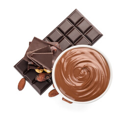 Bowl of tasty melted chocolate on white background