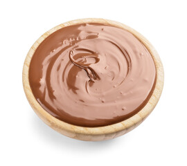 Bowl of tasty melted chocolate on white background