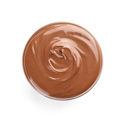 Bowl of tasty melted chocolate on white background