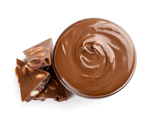 Bowl of tasty melted chocolate on white background