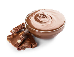 Bowl of tasty melted chocolate on white background