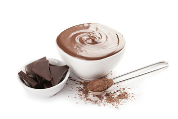 Bowl of tasty melted chocolate on white background