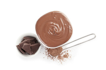 Bowl of tasty melted chocolate on white background