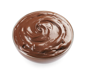 Bowl of tasty melted chocolate on white background