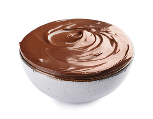 Bowl of tasty melted chocolate on white background