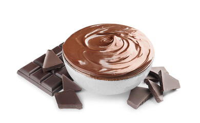Bowl of tasty melted chocolate on white background