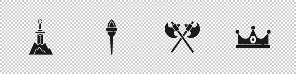 Set Sword in the stone, Torch flame, Crossed medieval axes and King crown icon. Vector