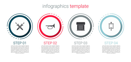 Set Crossed medieval sword, Trumpet, Decree, parchment, scroll and Medieval flag. Business infographic template. Vector