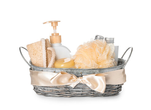 Gift Basket With Bathroom Supplies On White Background