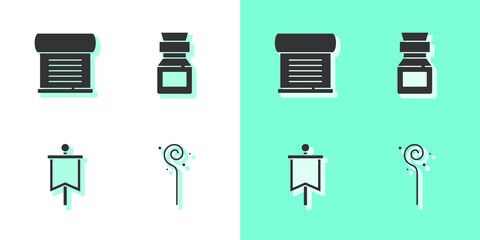 Set Magic staff, Decree, parchment, scroll, Medieval flag and Poison in bottle icon. Vector