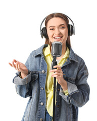 Female radio presenter with microphone on white background