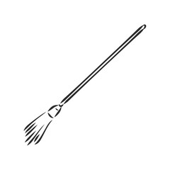 Black outline vector broom on white background.