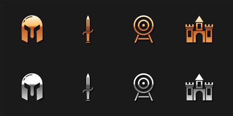 Set Medieval iron helmet, Dagger, Target with arrow and Castle, fortress icon. Vector