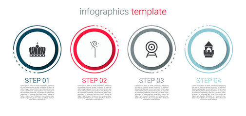 Set King crown, Magic staff, Target with arrow and Castle tower. Business infographic template. Vector
