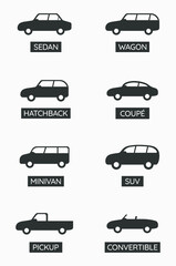 Car type icon set. Vector symbol of cars. Variants of automobile body icons.