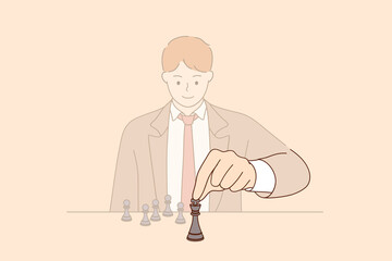 Strategy, leadership and management concept. Young smiling businessman cartoon character sitting and moving chess figure alone feeling confident vector illustration 