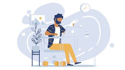 An university student study from home through online laptop computer in minimal vector design. Work from home-online video conference study due to the covid19 outbreak