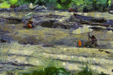 Road construction workers Illustrations creates an impressionist style of painting.