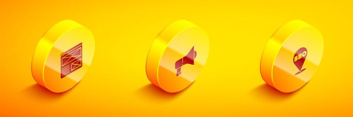 Set Isometric Browser window, Megaphone and SEO optimization icon. Vector