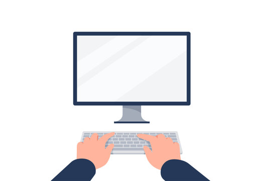 Hands are typing on the computer keyboard. Using digital computer. Vector flat illustration.