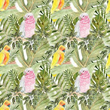 Seamless floral pattern with illustrations of tropical leaves and parrots. For wallpapers, backdrops, textile, prints. 