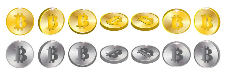 3D set of metal coin tokens with electronic cryptocurrency signs. Gold, silver and bright shining highlights