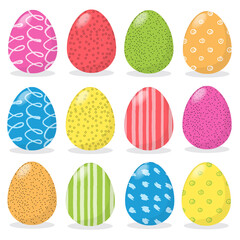 Happy Easter. Set of easter eggs with different texture on a white background. Colourful Happy Easter eggs set isolated. Editable EPS 10. Flat style.