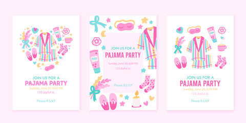 Fototapeta na wymiar Colorful collection of 3 vertical cards or backgrounds with sample text. Pajama party invitation templates. Vector illustration in flat cartoon style.
