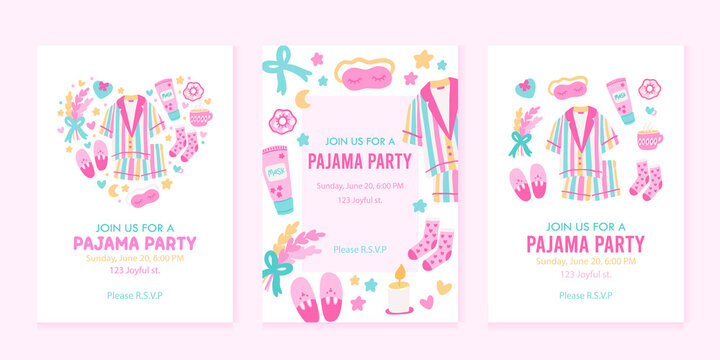 Colorful collection of 3 vertical cards or backgrounds with sample text. Pajama party invitation templates. Vector illustration in flat cartoon style.
