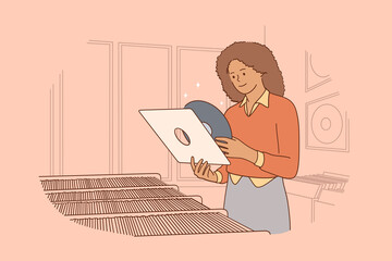 Vintage vinyl records music concept. Young smiling black woman cartoon character standing and holding vinyl record with favourite music in special store vector illustration 