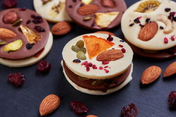 Handmade chocolate with dried fruits and nuts