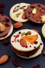 Handmade chocolate with dried fruits and nuts