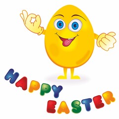 Happy Easter card with cute Egg cartoon character. Celebrating Christian holiday. Funny egg shaped emoji character.