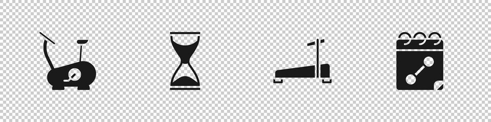 Set Stationary bicycle, Old hourglass, Treadmill machine and Calendar fitness icon. Vector