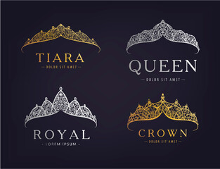 Vector set of abstract luxury, royal golden, silver company logo icon vector design. Isolated on dark background, vintage style. © marylia17