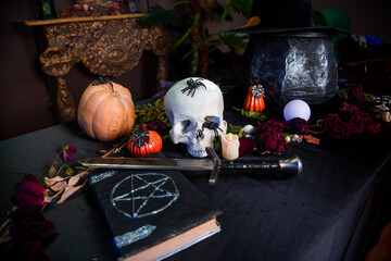 A human skull lies on a table next to a book with a pentagram, pumpkin and herbs. Altar concept for...