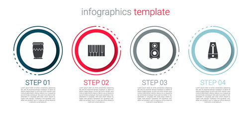 Set Drum, Grand piano, Stereo speaker and Metronome with pendulum. Business infographic template. Vector