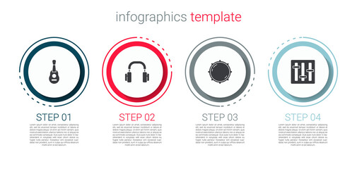 Set Guitar, Headphones, Dial knob level and Sound mixer controller. Business infographic template. Vector