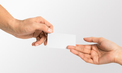 Male and Female Hands Holding Plain White Business Card