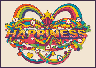 Happiness Vector Illustration, Hippie Art Style Poster Psychedelic Art 