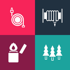 Set pop art Forest, Lighter, Fire hose reel and icon. Vector