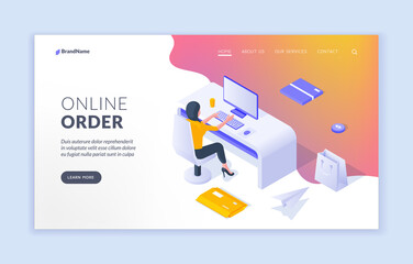 Obraz na płótnie Canvas Online order landing page banner template. Vector illustration of isometric woman sitting at desk and using computer to order goods online. Isometric web banner, landing page template