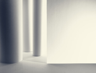 Abstract interior or indoor hall background of columns and wall made from paper with copy space. Columns and wall casting shadows on floor. Extra grain texture added