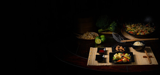 Fried vegetables from the wok with deep fried meat