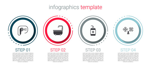Set Shower, Bathtub, Hand sanitizer bottle and Water tap. Business infographic template. Vector
