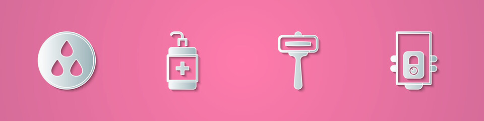 Set paper cut Water drop, Hand sanitizer bottle, Shaving razor and Gas boiler icon. Paper art style. Vector