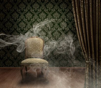 Antique chair in mystery room with spooky smoke trails