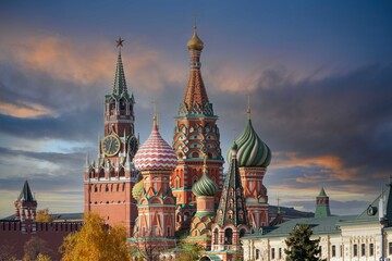 Fototapeta na wymiar St. Basil’s Cathedral and Spassky Tower on Red Square in Moscow. Orthodox church and architectural masterpieces of Moscow. Most famous sights of Russia. Life before pandemic COVID-19