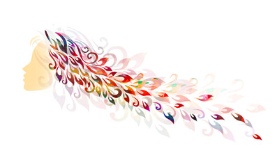 Profile of a girl with flowers and leaves on her head. Vector illustration